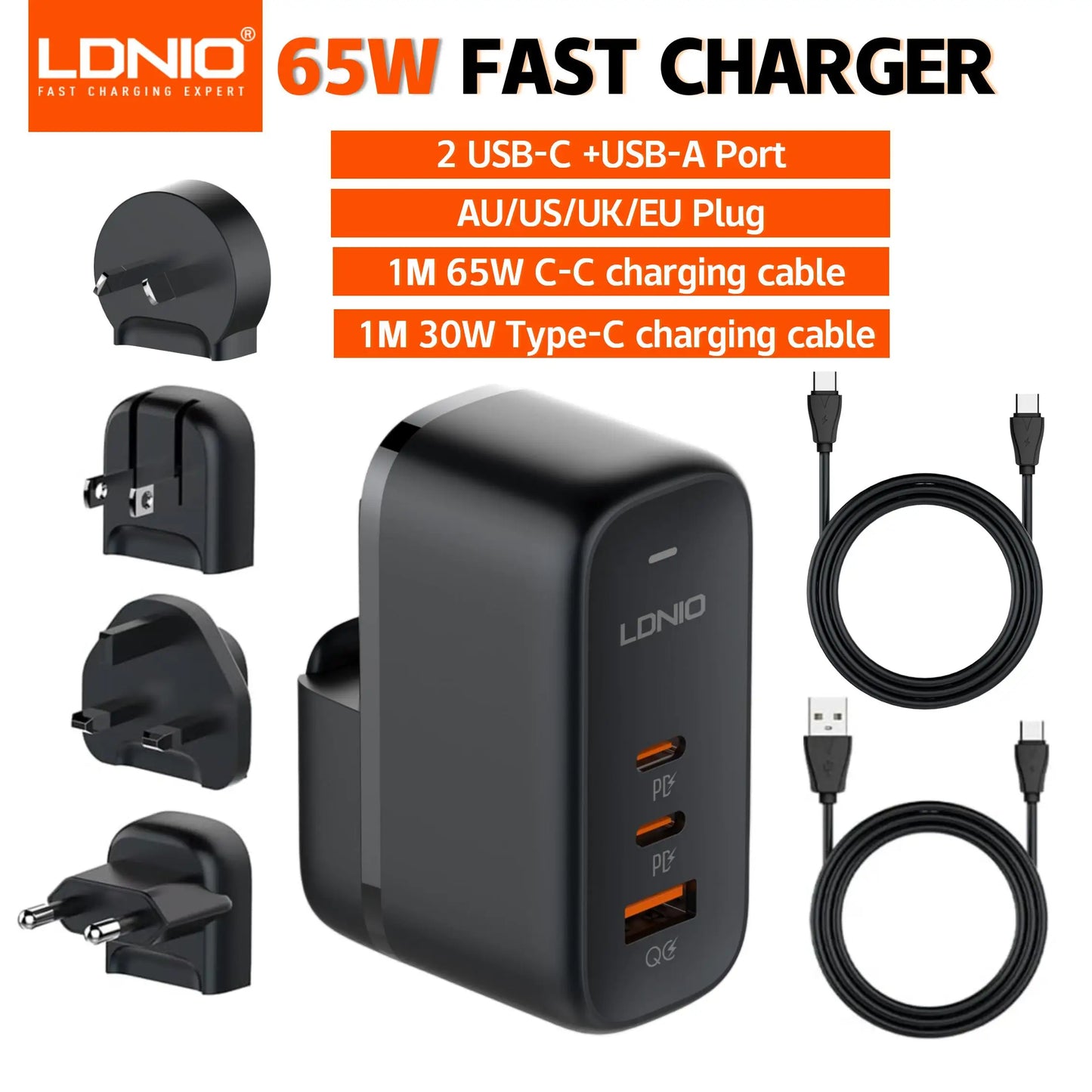 LDNIO GaN 65W USB C Charger Travel Charger PD QC Wall Charger 3 Port International Plug Adapter EU UK US AU Travel Plug Adapter