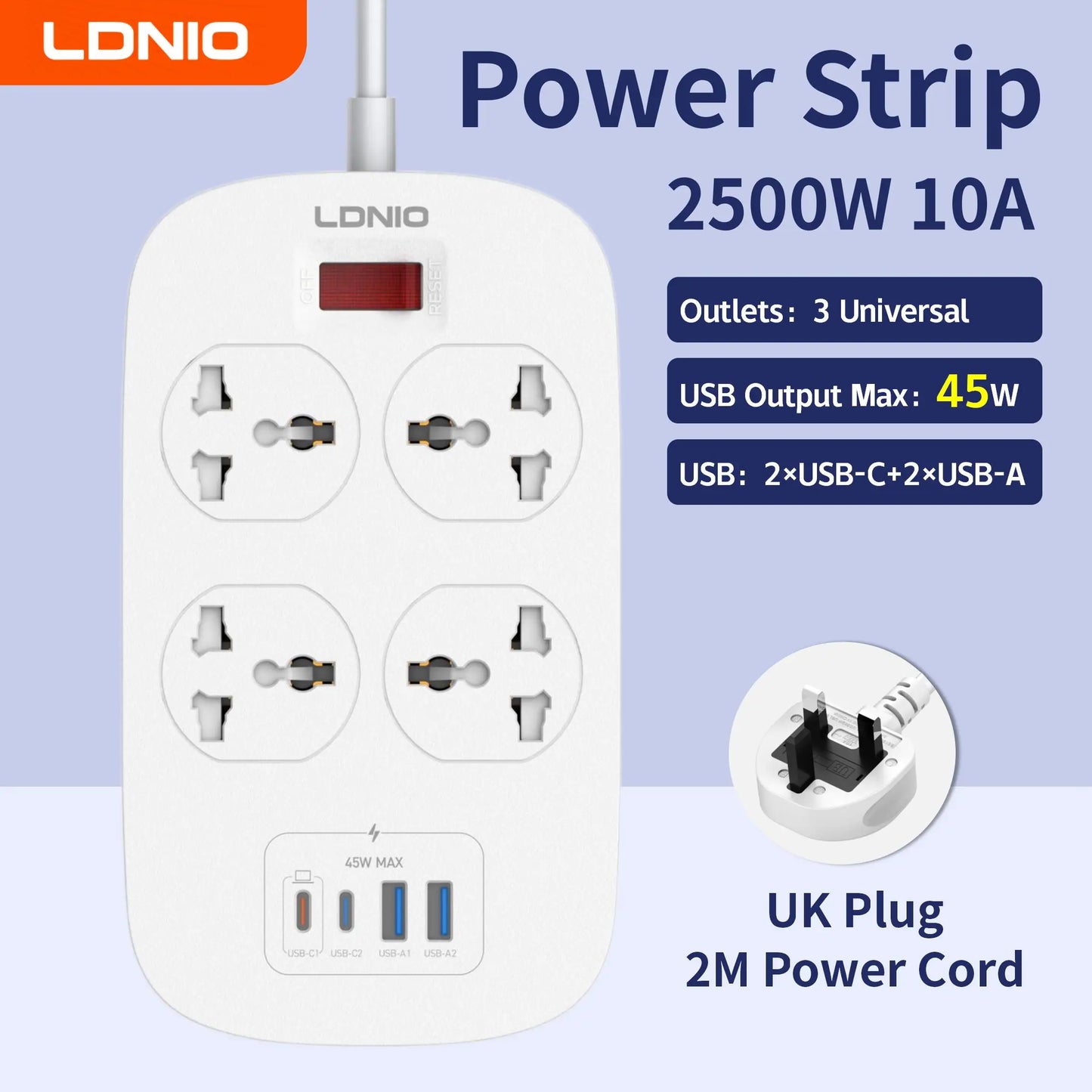 LDNIO 4 Outlets Universal Power Strip with 45W PD USB C Fast Charging 2M Extension Cable Surge Protector EU US UK Plug Socket