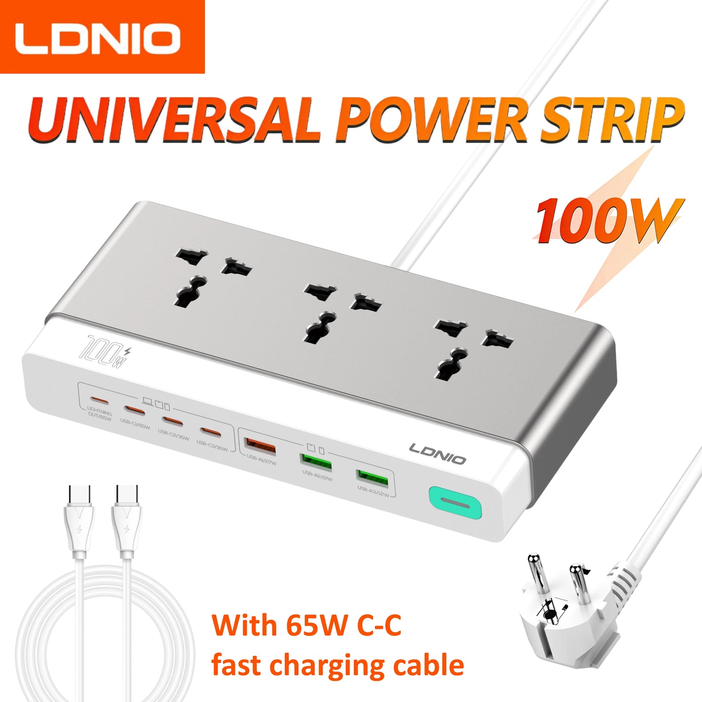 LDNIO 100W Desktop Power Strip Socket Fast Charge 3 Universal AC Outlet PD Type C USB Fast Charging Station 2500W US UK EU Plug
