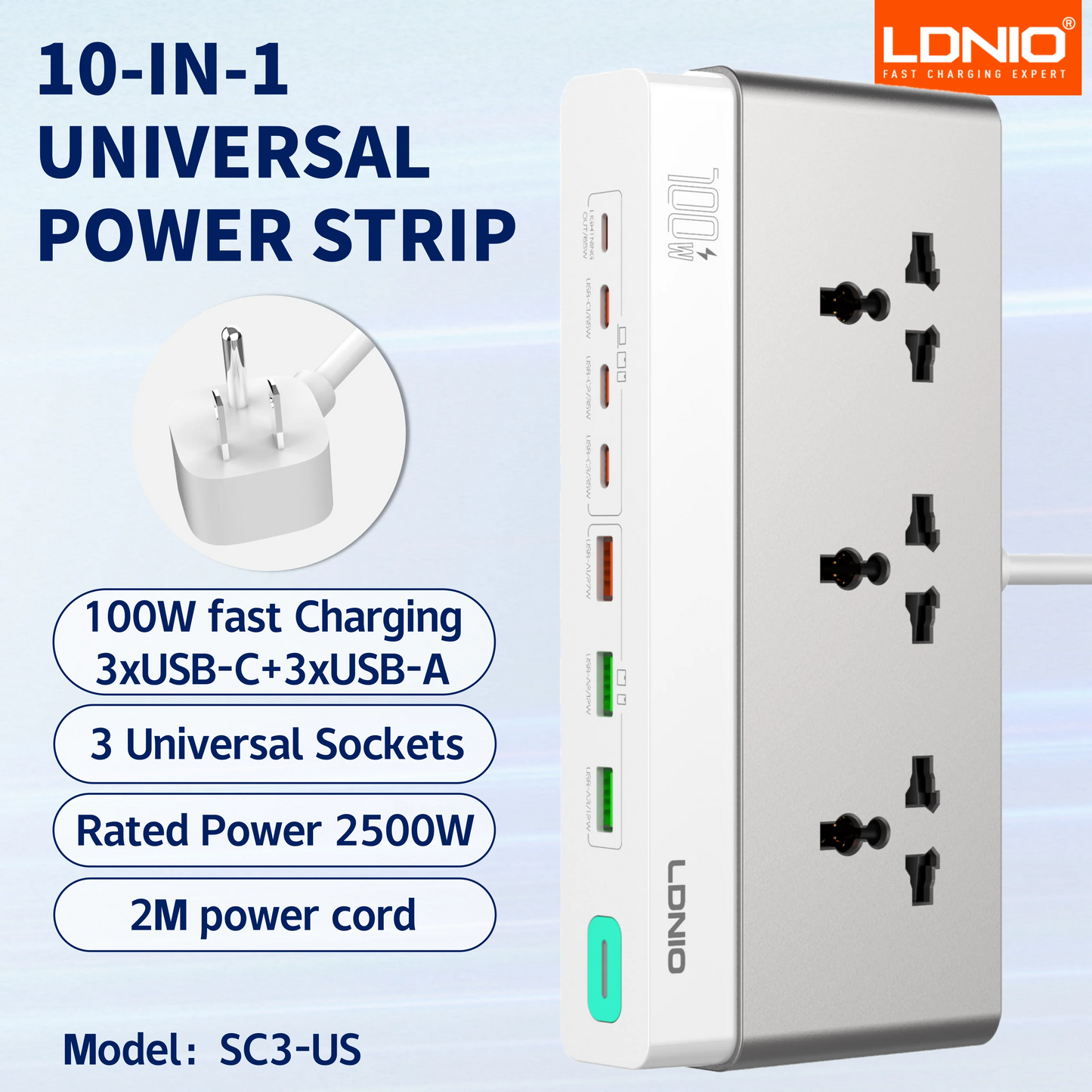 LDNIO Multiple Desktop Power Strip 3 AC Outlet Power Socket 65W Fast Charging PD QC USB-C USB-A 2M Power Cord EU UK US KR Plug