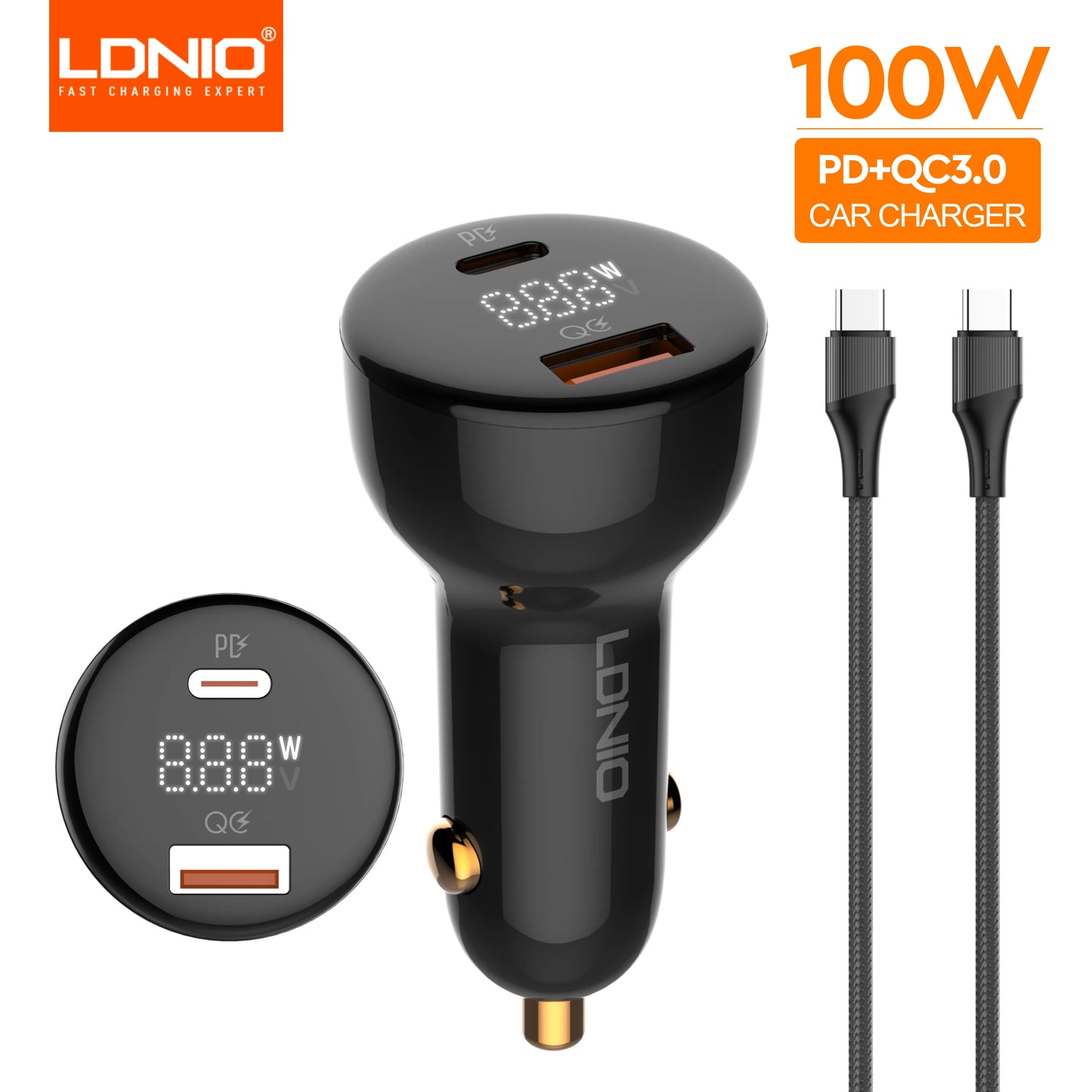 LDNIO 160W 3 Ports USB C Car Charger 3 in 1 100W 30W Fast Charging PD QC 3.0 with LDE Display For Laptop Mobile Cell Phone