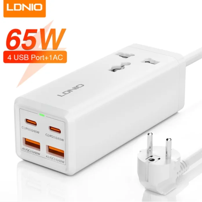 LDNIO Power Extension with PD 65W Multi Function Charger Adapter 2M Extension Cable Socket Electric 4 USB Power Strip SC1418
