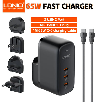 LDNIO GaN 65W USB C Charger Travel Charger PD QC Wall Charger 3 Port International Plug Adapter EU UK US AU Travel Plug Adapter