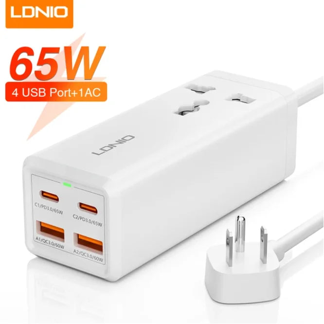 LDNIO Power Extension with PD 65W Multi Function Charger Adapter 2M Extension Cable Socket Electric 4 USB Power Strip SC1418