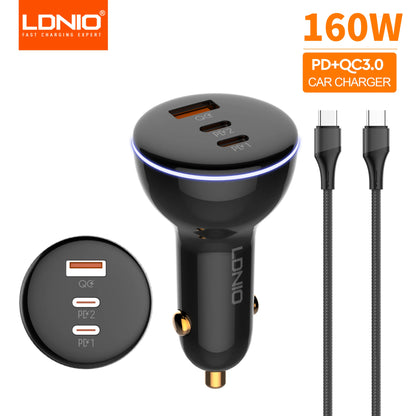 LDNIO 160W 3 Ports USB C Car Charger 3 in 1 100W 30W Fast Charging PD QC 3.0 with LDE Display For Laptop Mobile Cell Phone