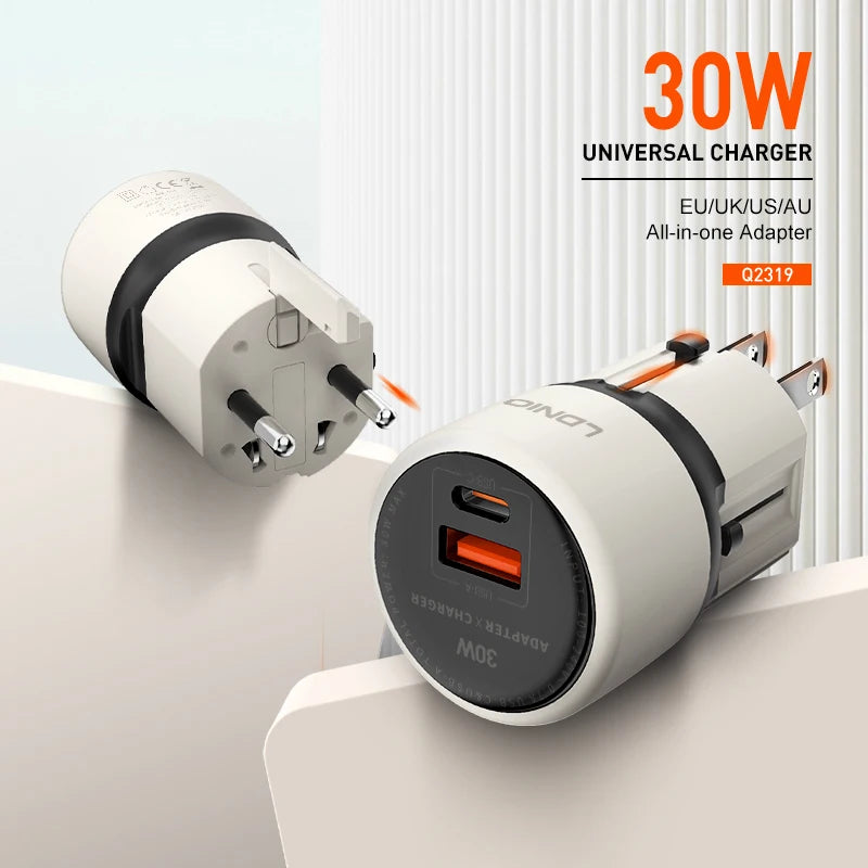 LDNIO universal travel adapter mobile phone fast charger PD30W UK/EU/US/AU international adapter for iphone 16/15/14/13/12/11pro