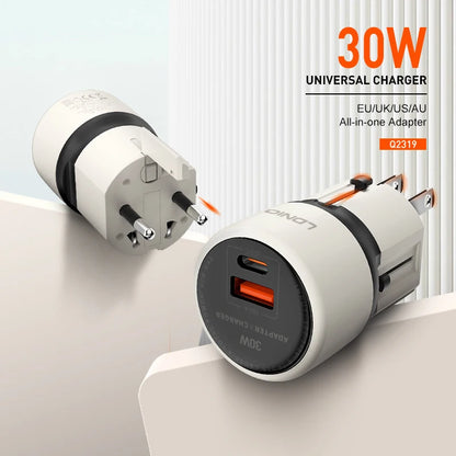 LDNIO universal travel adapter mobile phone fast charger PD30W UK/EU/US/AU international adapter for iphone 16/15/14/13/12/11pro