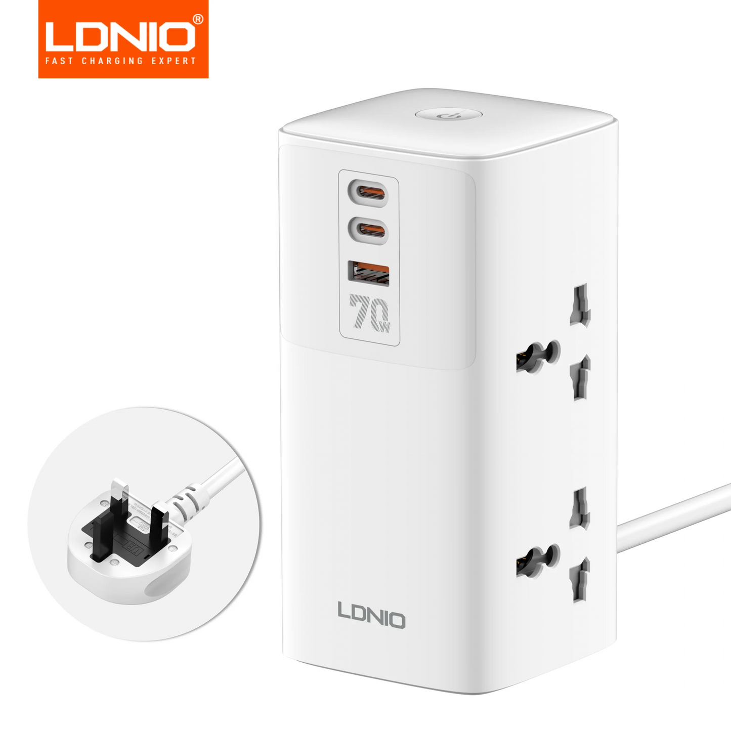 LDNIO Tower Power Strip Multi Outlets with 70W Type C 2M Extension Cable EU UK US Plug Vertical Electric Socket Surge Protection