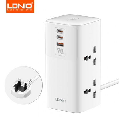 LDNIO Tower Power Strip Multi Outlets with 70W Type C 2M Extension Cable EU UK US Plug Vertical Electric Socket Surge Protection