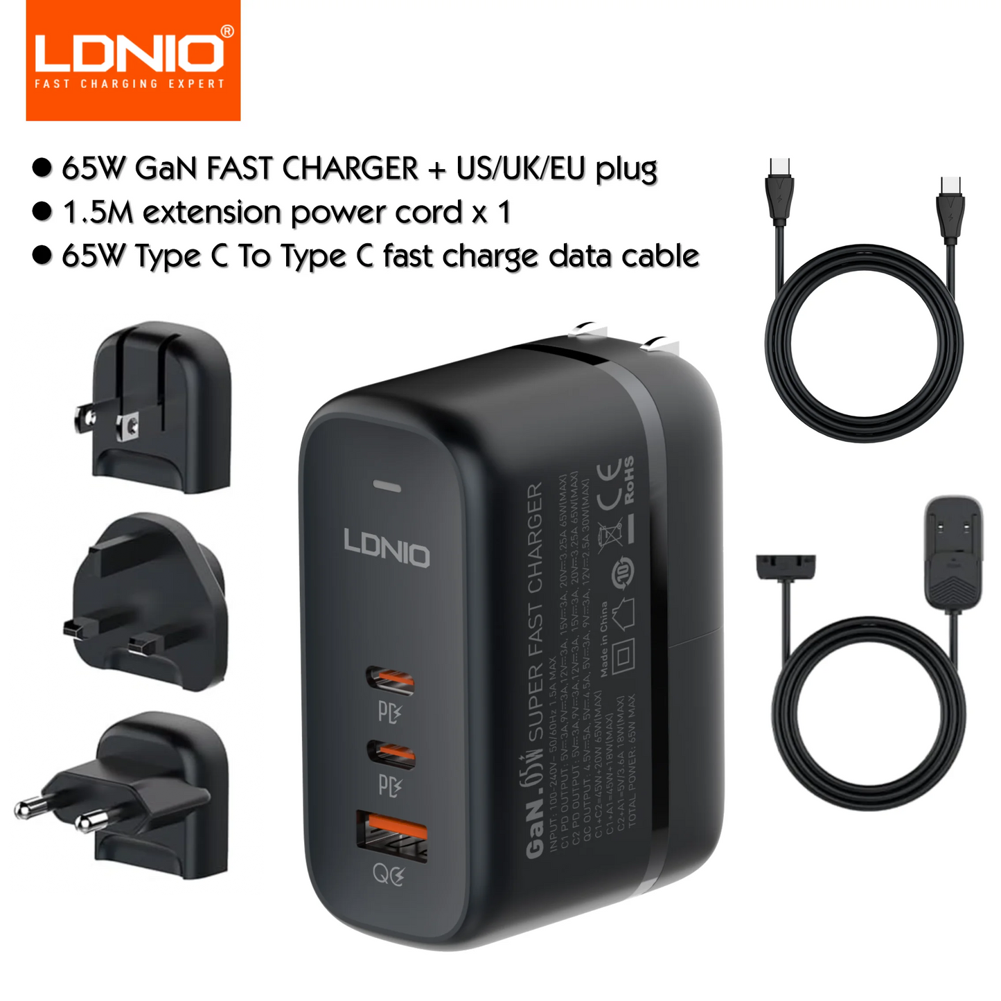 LDNIO 65W GaN USB Type C Multi Travel Power Adapter QC PD PPS SCP 45W Fast Wall Charging For iPhone 15 Galaxy iPad MacBook Air