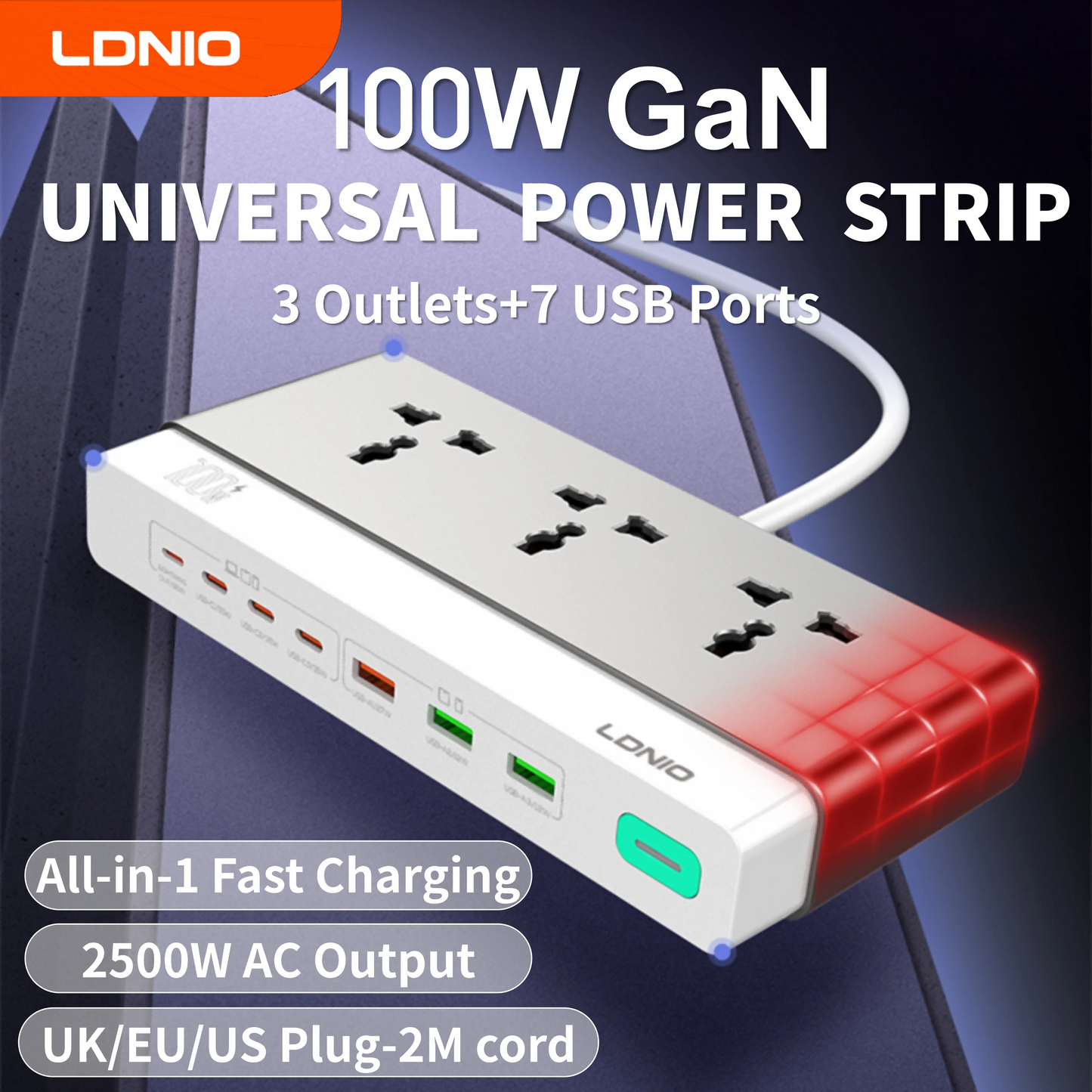 LDNIO 100W Desktop Power Strip Socket Fast Charge 3 Universal AC Outlet PD Type C USB Fast Charging Station 2500W US UK EU Plug