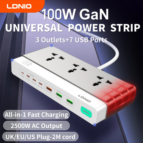 LDNIO 100W Desktop Power Strip Socket Fast Charge 3 Universal AC Outlet PD Type C USB Fast Charging Station 2500W US UK EU Plug