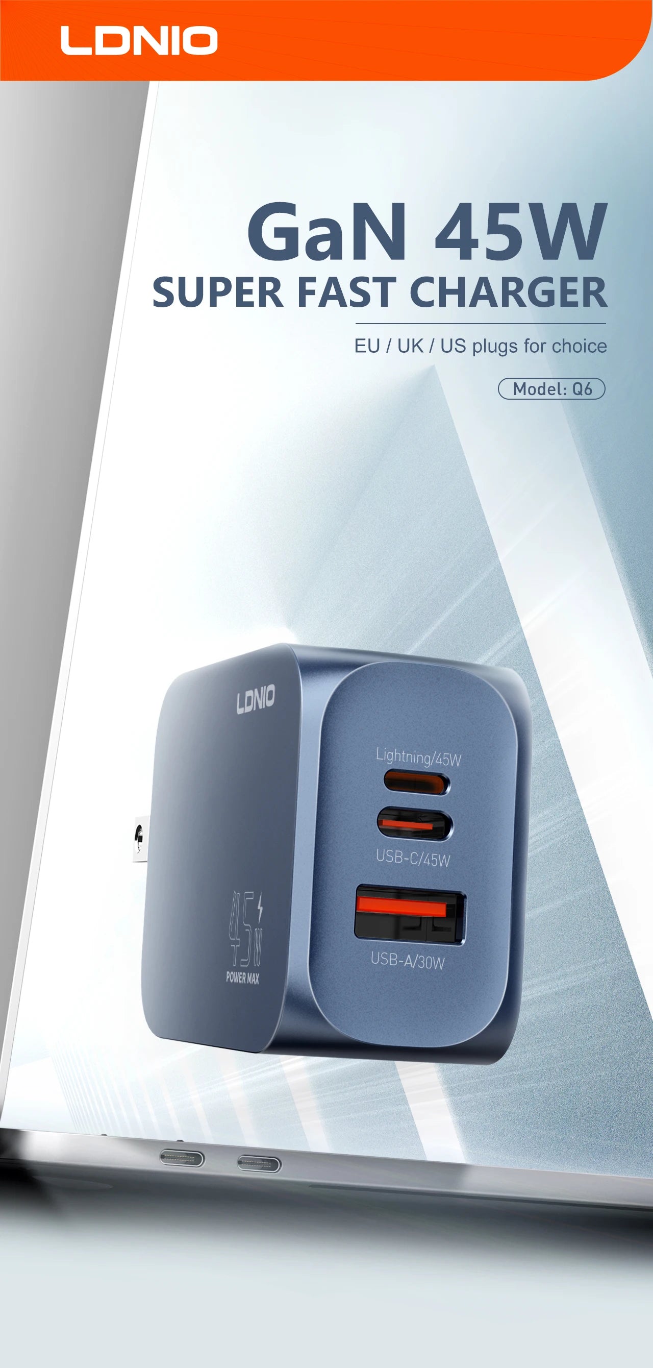 LDNIO Gan 100W Fast Charge Charger Type-C 65W 45W UK EU US Plug USB Multi-Port Fast Charging Station for MacBook iPhone Xiaomi