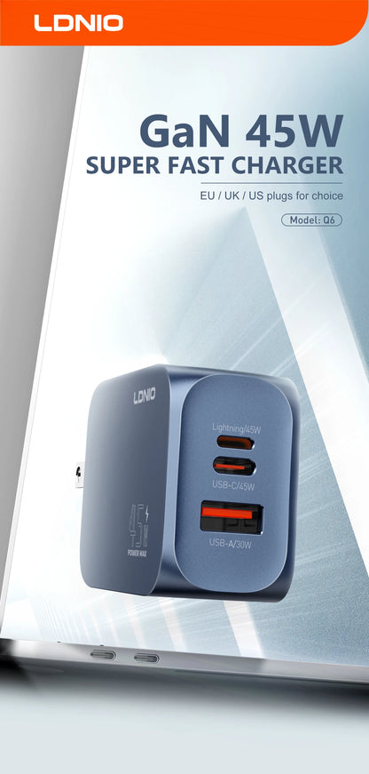 LDNIO Gan 100W Fast Charge Charger Type-C 65W 45W UK EU US Plug USB Multi-Port Fast Charging Station for MacBook iPhone Xiaomi