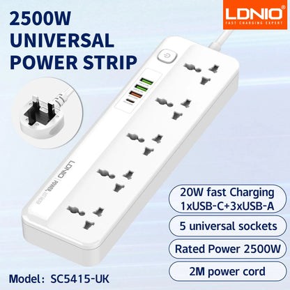 LDNIO USB C Universal Power Strip Multiprise with 6 USB Fast Charging Ports 5 AC Outlets Electrical Socket 2M Extension Cable