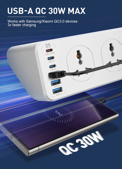 LDNIO 10 AC Outlets Power Strip Electrical Sockets with 33W USB C Charging Ports 2M Extension Cord Surge Protector UK US EU Plug