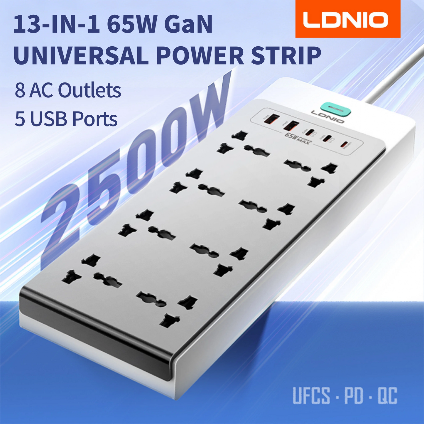 13-in-1 65W Power Strip Surge Protector LDNIO With 8 Universal AC Outlets PD USB C QC USB A Desktop Fast Charging Station 2500W