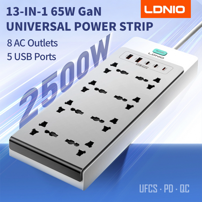13-in-1 65W Power Strip Surge Protector LDNIO With 8 Universal AC Outlets PD USB C QC USB A Desktop Fast Charging Station 2500W