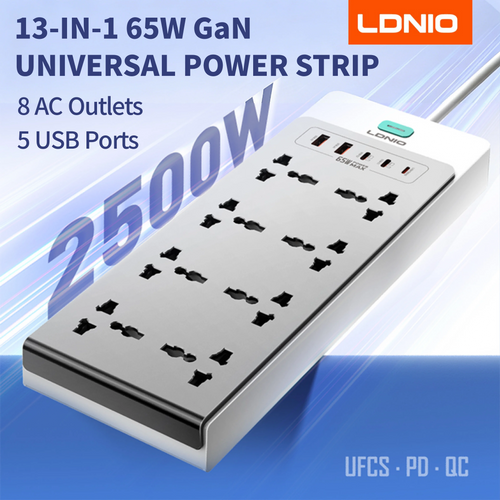 13-in-1 65W Power Strip Surge Protector LDNIO With 8 Universal AC Outlets PD USB C QC USB A Desktop Fast Charging Station 2500W