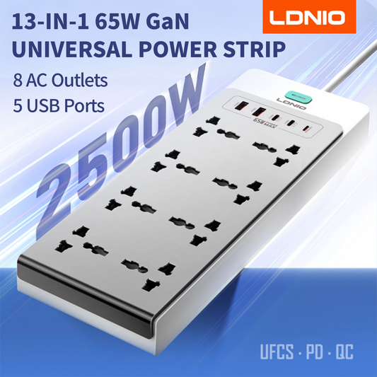 13-in-1 65W Power Strip Surge Protector LDNIO With 8 Universal AC Outlets PD USB C QC USB A Desktop Fast Charging Station 2500W