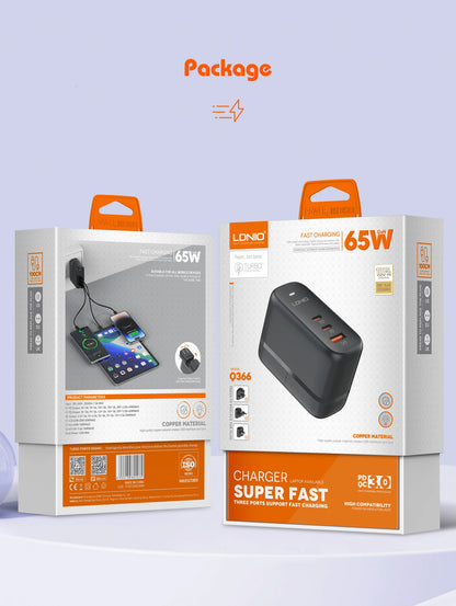LDNIO GaN 65W USB C Charger Travel Charger PD QC Wall Charger 3 Port International Plug Adapter EU UK US AU Travel Plug Adapter