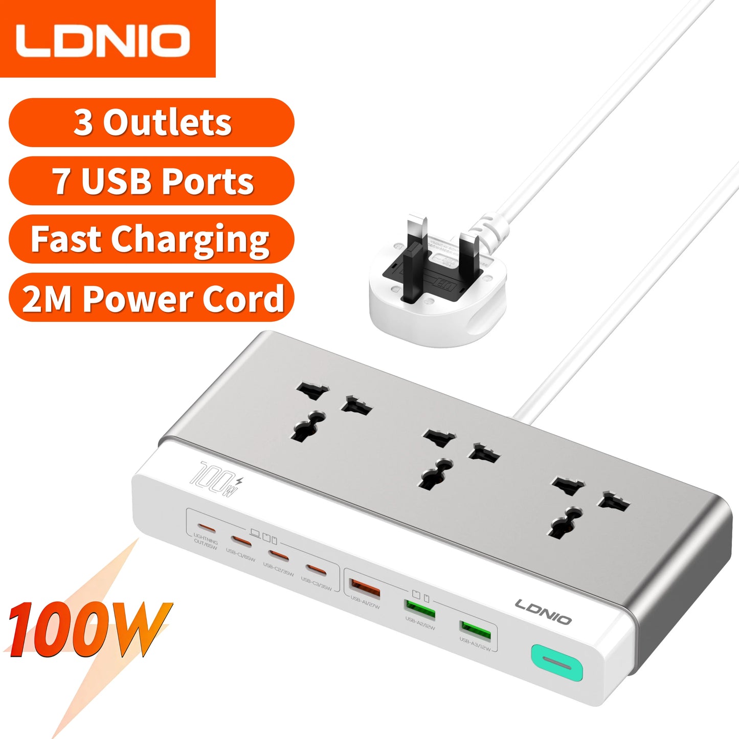 13-in-1 65W Power Strip Surge Protector LDNIO With 8 Universal AC Outlets PD USB C QC USB A Desktop Fast Charging Station 2500W