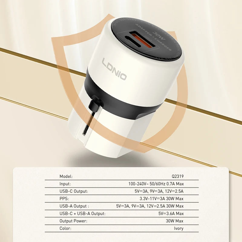 LDNIO universal travel adapter mobile phone fast charger PD30W UK/EU/US/AU international adapter for iphone 16/15/14/13/12/11pro