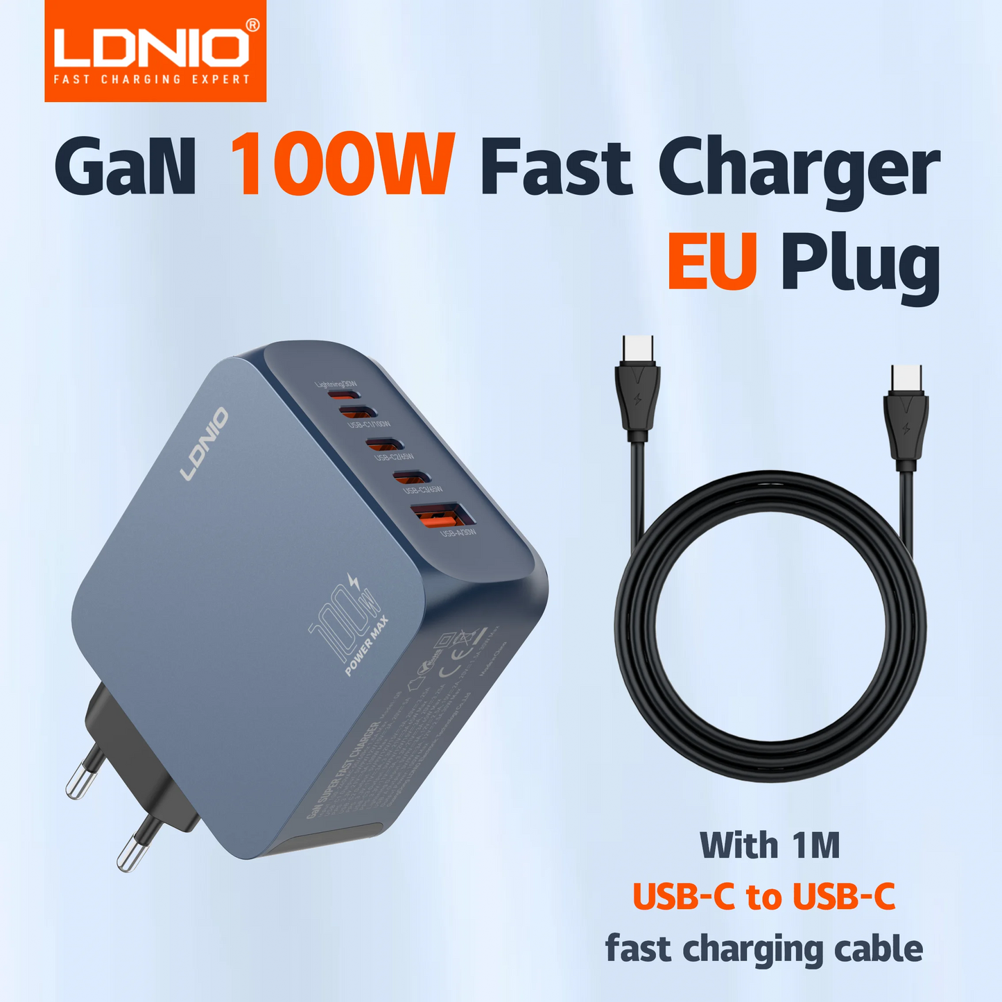 LDNIO GaN 100W USB C Charger 4 Port Compact Wall Charger Power Adapter For MacBook Pro/Air, iPad, iPhone 16 ,Galaxy ,Laptop