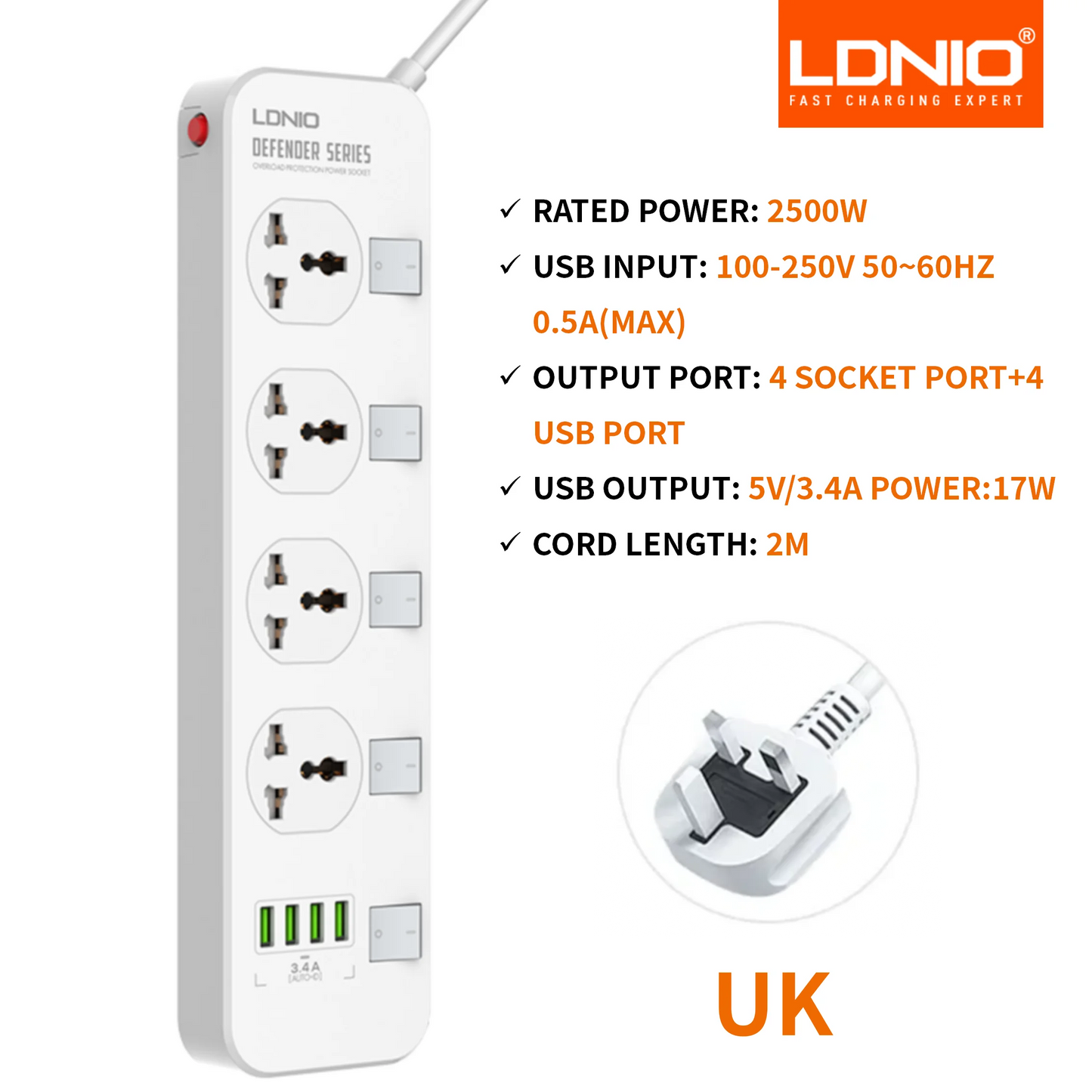 LDNIO Power Socket 4 Outlets 4 Usb Charging Ports UniversalPower Strip Switched With 2M Wall Mountable for Home And Office