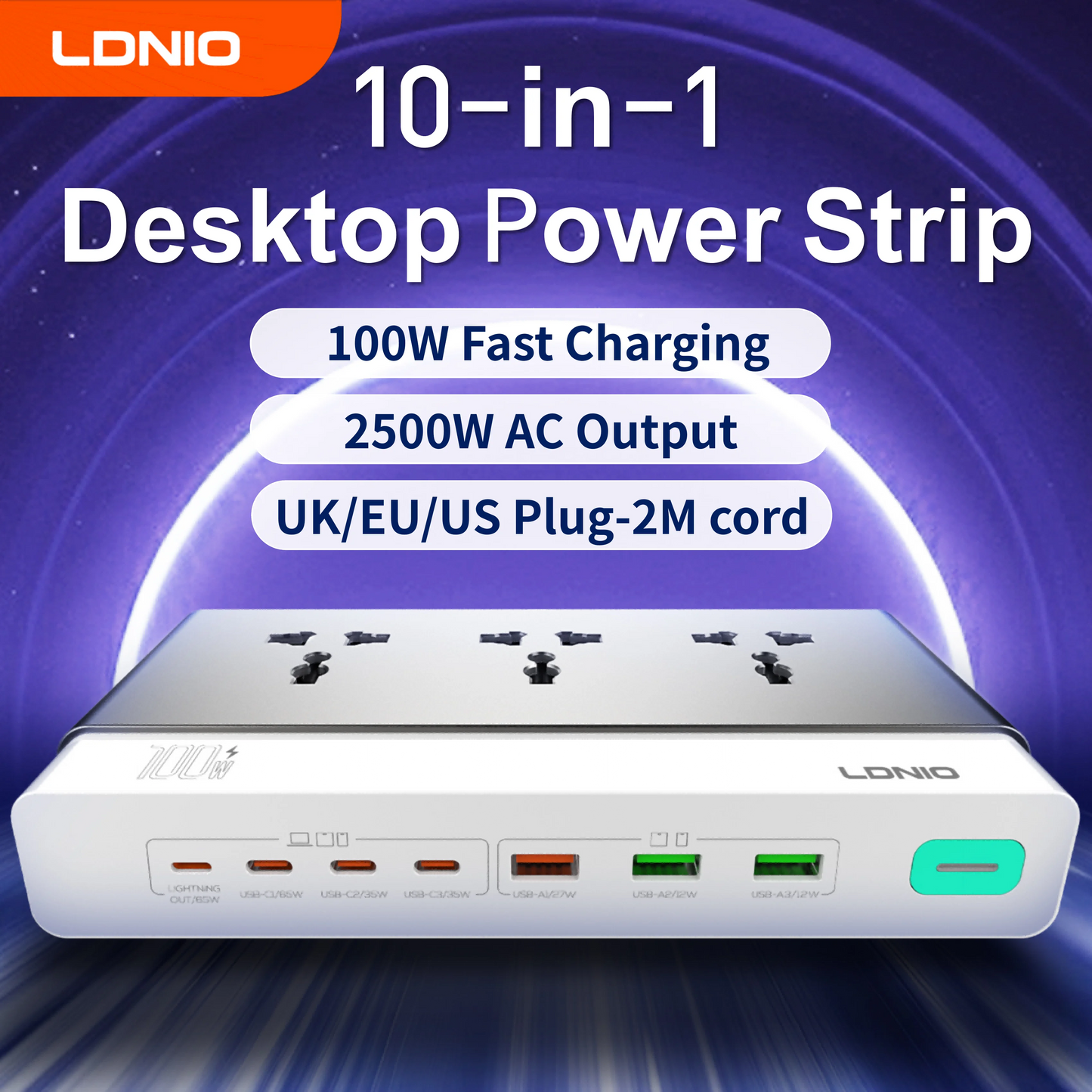 LDNIO Multiple Desktop Power Strip 3 AC Outlet Power Socket 65W Fast Charging PD QC USB-C USB-A 2M Power Cord EU UK US KR Plug