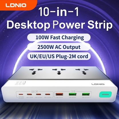 LDNIO Multiple Desktop Power Strip 3 AC Outlet Power Socket 65W Fast Charging PD QC USB-C USB-A 2M Power Cord EU UK US KR Plug