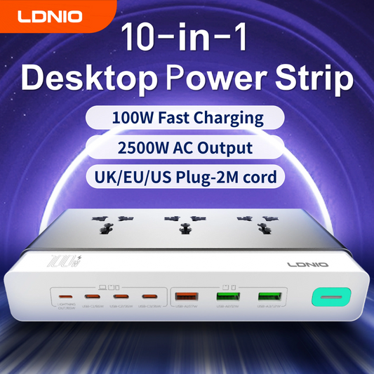 LDNIO Multiple Desktop Power Strip 3 AC Outlet Power Socket 65W Fast Charging PD QC USB-C USB-A 2M Power Cord EU UK US KR Plug