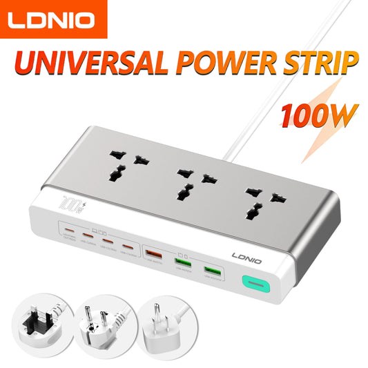 LDNIO 100W Travel Power Strip 3 AC Outlets 5 USB Ports Type C 2M  Power Extension Multi Socket 2500W with Switch for Home office