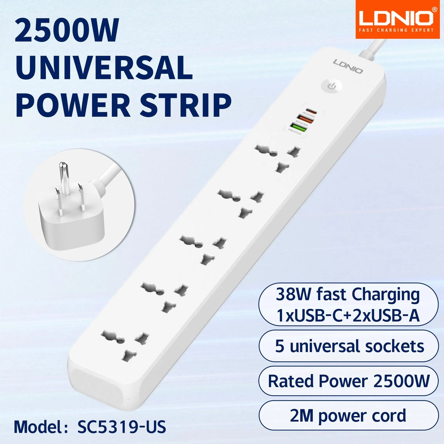 LDNIO USB C Universal Power Strip Multiprise with 6 USB Fast Charging Ports 5 AC Outlets Electrical Socket 2M Extension Cable