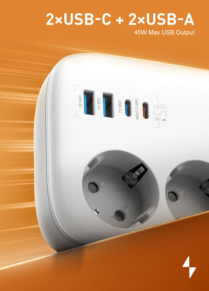 LDNIO EU Plug Power Strip 3 Outlet with 65W 4 USB C Port Electrical Socket Universal Outlet Home Office Adapter Surge Protector