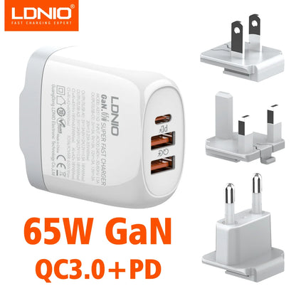 LDNIO 65W Travel Charger Dual USB C Ports International Universal Travel Adapter European Charger with Foldable USA UK EU Plug