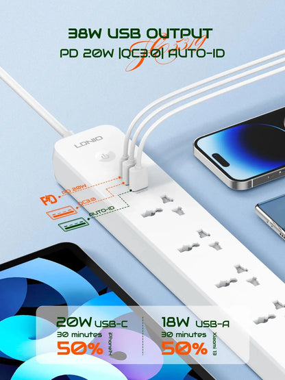 LDNIO 5 Outlet Power Strip With 3 USB Ports USB C USB A Universal Socket Extension UK EU US Plug Multifunction Power Strips