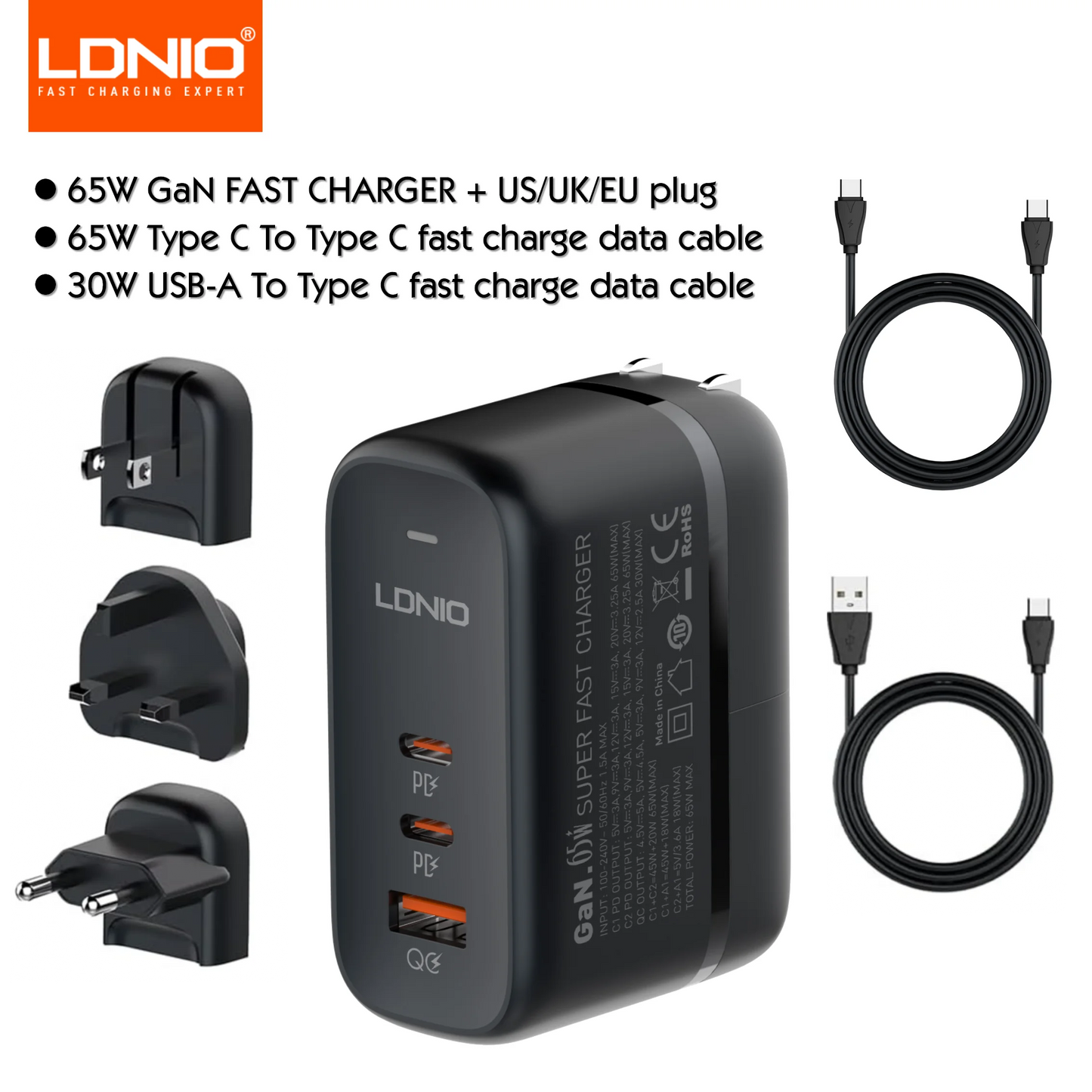 LDNIO 65W GaN USB Type C Multi Travel Power Adapter QC PD PPS SCP 45W Fast Wall Charging For iPhone 15 Galaxy iPad MacBook Air