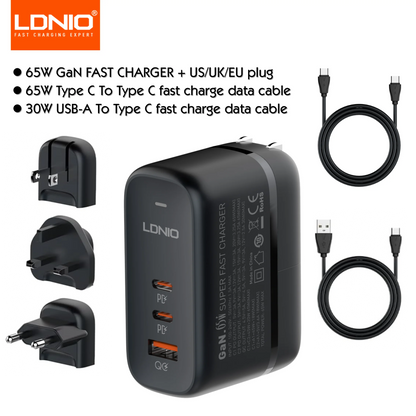 LDNIO 65W GaN USB Type C Multi Travel Power Adapter QC PD PPS SCP 45W Fast Wall Charging For iPhone 15 Galaxy iPad MacBook Air