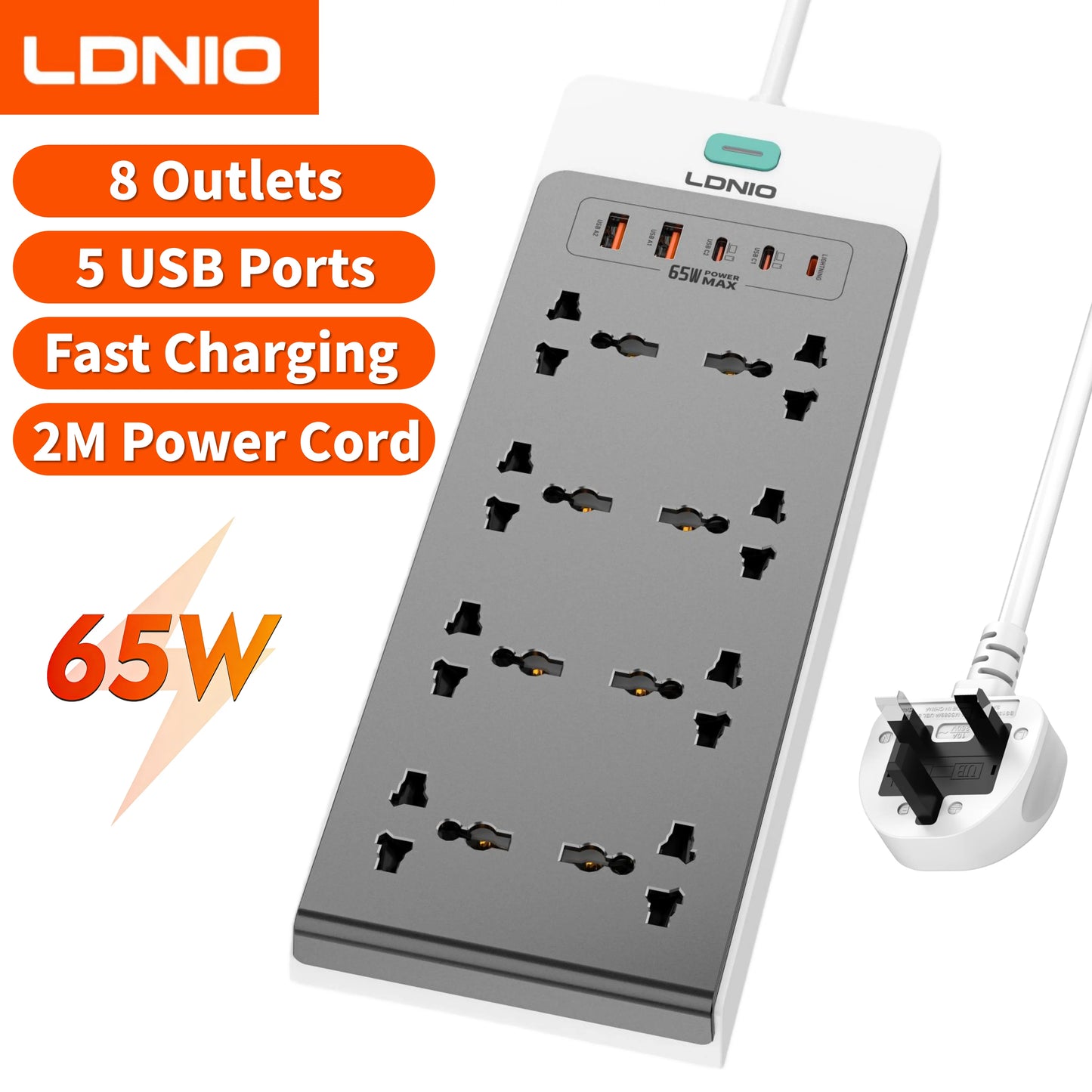 13-in-1 65W Power Strip Surge Protector LDNIO With 8 Universal AC Outlets PD USB C QC USB A Desktop Fast Charging Station 2500W