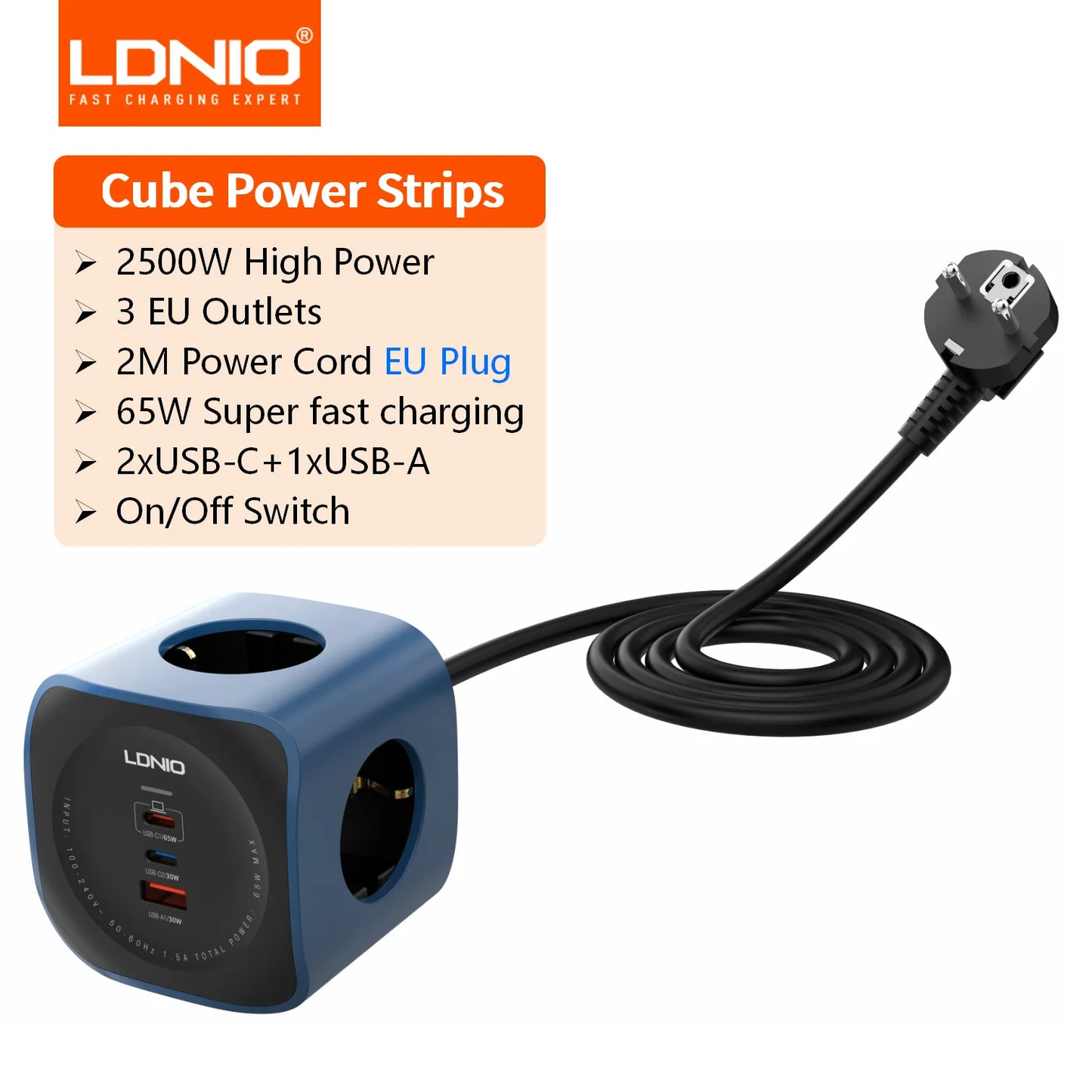 LDNIO 4 EU Outlet Power Cube, Expandable 3680W High Voltage Power Strip No Cable EU Plug Power Adapter for Office, Home, Kitchen