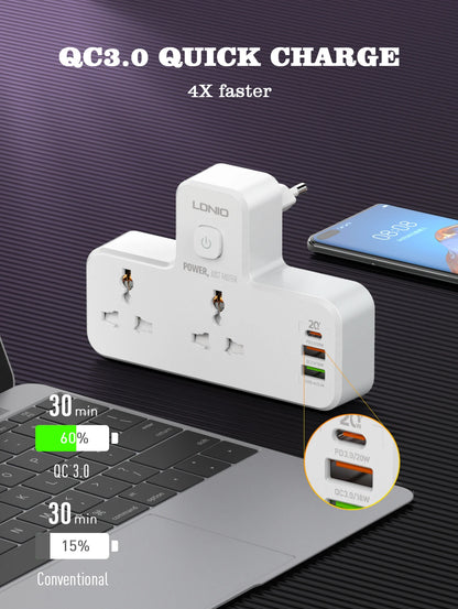 LDNIO POWER SOCKET Universal 2 Outlet 20W PD QC3.0 3 USB Wall Charger NIGHT-LAMP Power Strip Adapter Multiple Plug Expander