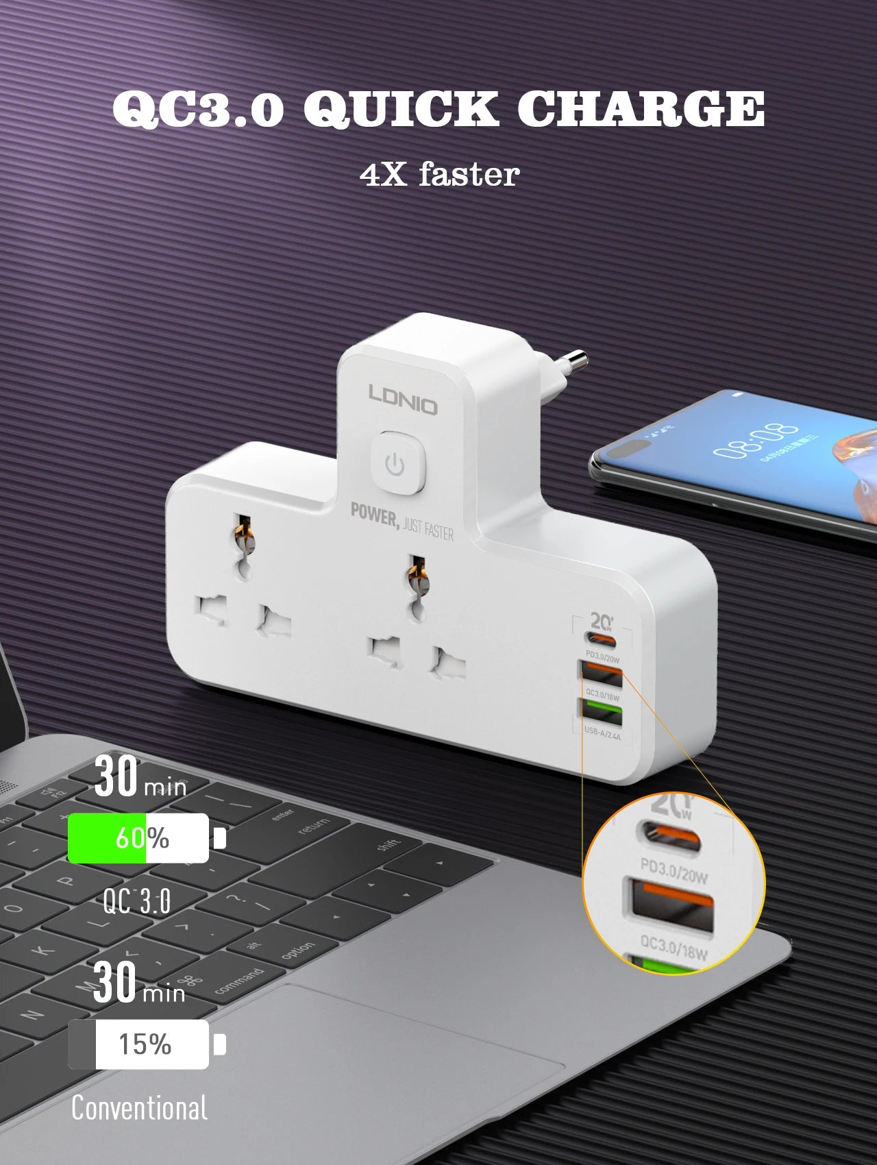 LDNIO Universal Power Strip Multi-functional Night Lamp Extension Socket 2 Outlets Wall Adapter With 3 PD QC3.0 USB Port SC2311