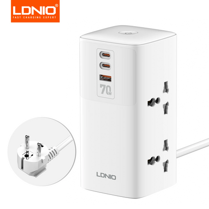 LDNIO Tower Power Strip Multi Outlets with 70W Type C 2M Extension Cable EU UK US Plug Vertical Electric Socket Surge Protection