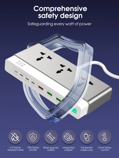 LDNIO 100W Travel Power Strip 3 AC Outlets 5 USB Ports Type C 2M  Power Extension Multi Socket 2500W with Switch for Home office