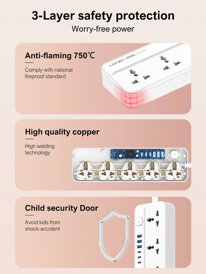 LDNIO USB C Universal Power Strip Multiprise with 6 USB Fast Charging Ports 5 AC Outlets Electrical Socket 2M Extension Cable