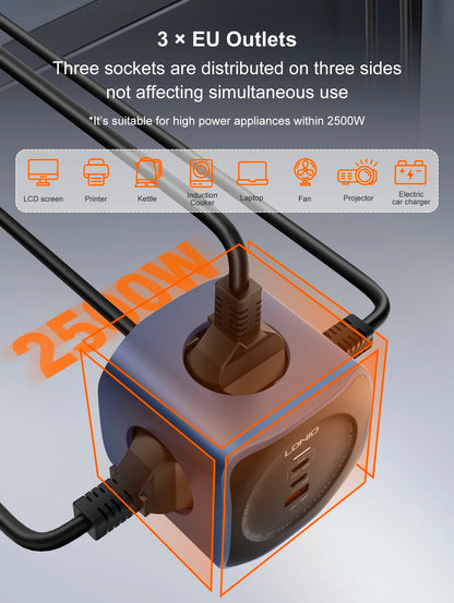 LDNIO European power strip cube power socket 65w fast charging station USB-C USB-A 3 outlet power tower 2m EU plug power cord