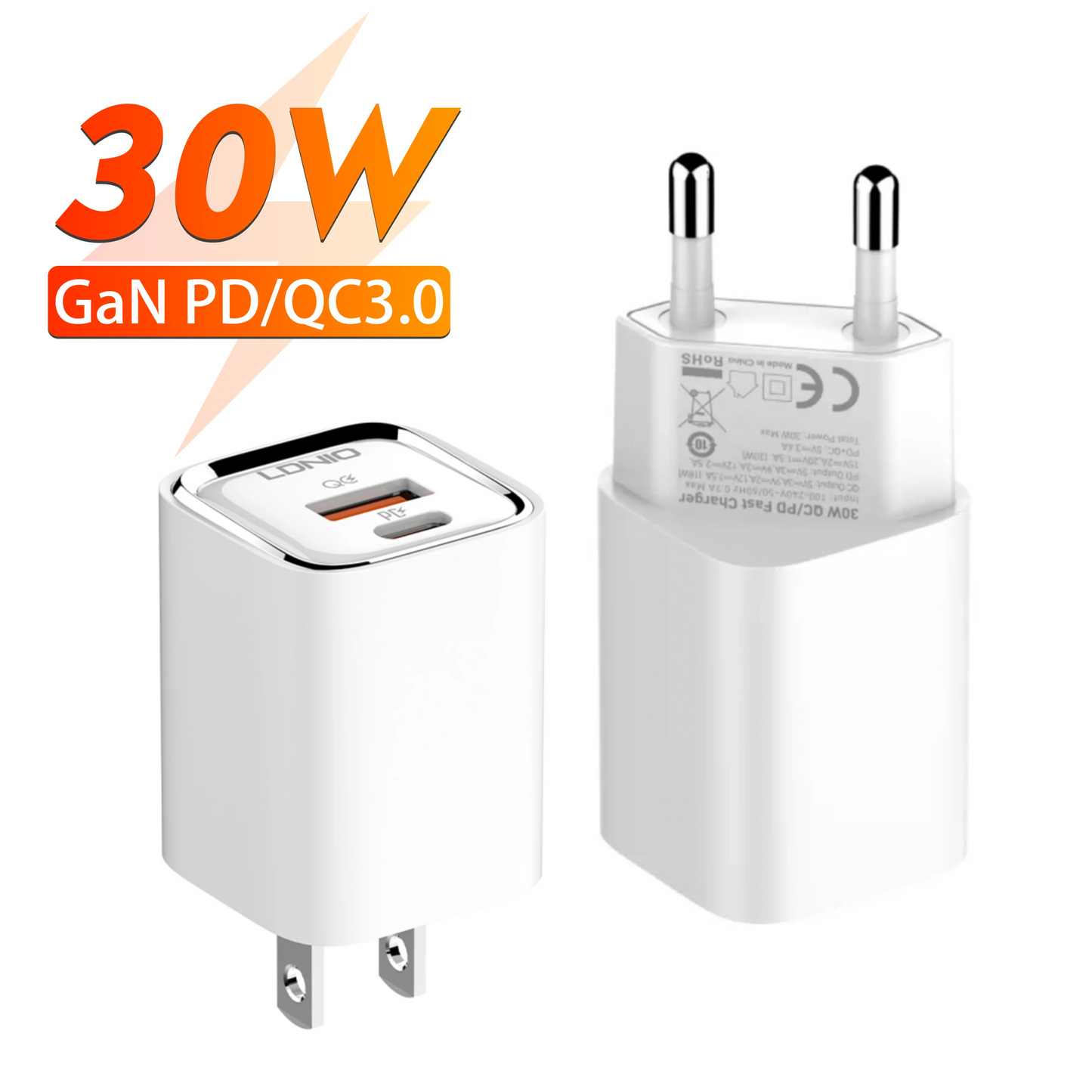 30W USB C Charger LDNIO GaN Compact Fast Wall Charger Block USB-C Power Adapter for Galaxy S23, Google AirPods