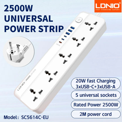 LDNIO USB C Universal Power Strip Multiprise with 6 USB Fast Charging Ports 5 AC Outlets Electrical Socket 2M Extension Cable