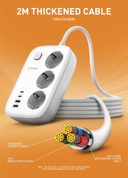 LDNIO EU Plug Power Strip 3 Outlet with 65W 4 USB C Port Electrical Socket Universal Outlet Home Office Adapter Surge Protector